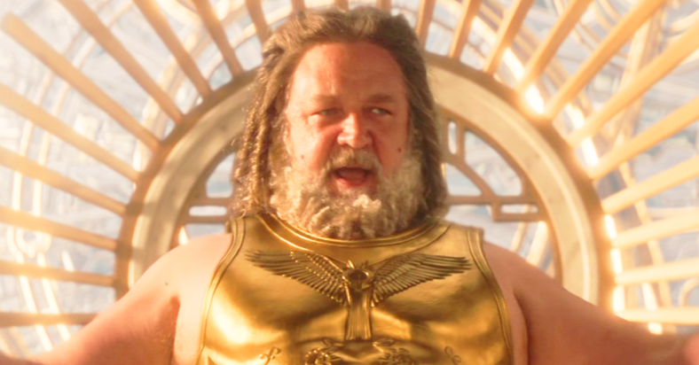 Zeus (Russell Crowe) holds court over the Omnipotent City in Thor: Love and Thunder (2022), Marvel Entertainment