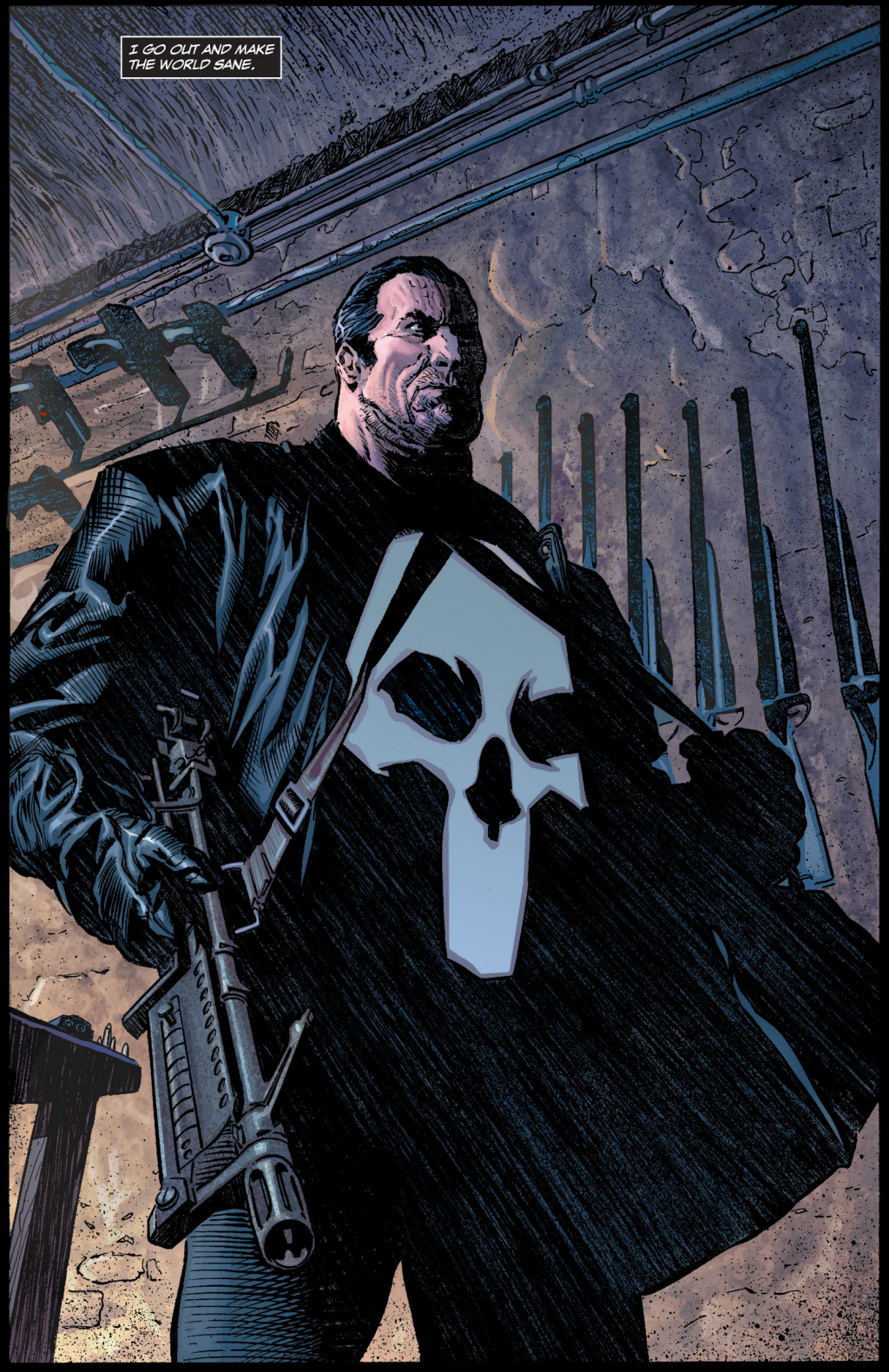 Frank Castle is back in action in The Punisher Vol. 7 #1 "In the Beginning, Part One" (2004), Marvel Comics. Words by Garth Ennis, art by Lewis LaRosa, Tom Palmer, Dean White, and Randy Gentile.