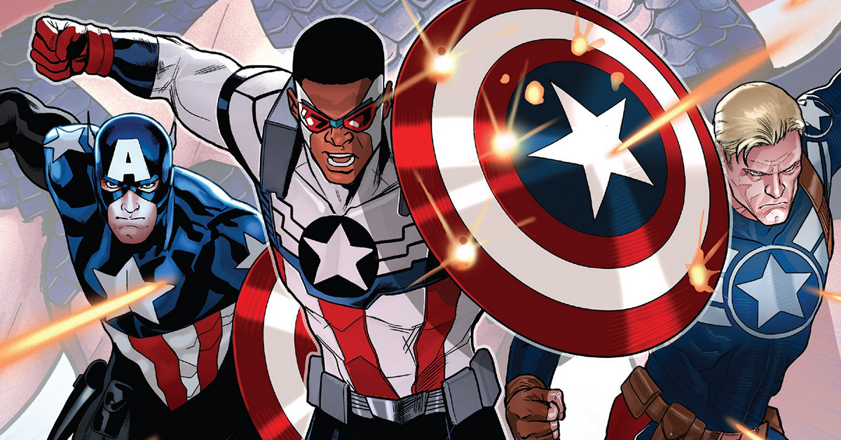 Sam Wilson leads three generations of Star-Spangled Avengers on Paul Renaud's cover to Captain America: Sam Wilson Vol. 1 #8 (2016), Marvel ComicsSam Wilson leads three generations of Star-Spangled Avengers on Paul Renaud's cover to Captain America: Sam Wilson Vol. 1 #8 (2016), Marvel Comics