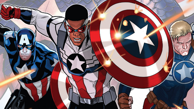 Sam Wilson leads three generations of Star-Spangled Avengers on Paul Renaud's cover to Captain America: Sam Wilson Vol. 1 #8 (2016), Marvel ComicsSam Wilson leads three generations of Star-Spangled Avengers on Paul Renaud's cover to Captain America: Sam Wilson Vol. 1 #8 (2016), Marvel Comics