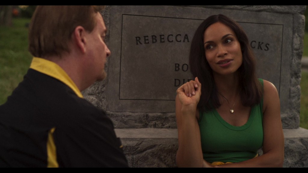 Becky (Rosario Dawson) pays a posthumous visit to Dante (Brian O'Halloran) in Clerks III (2022), Lionsgate