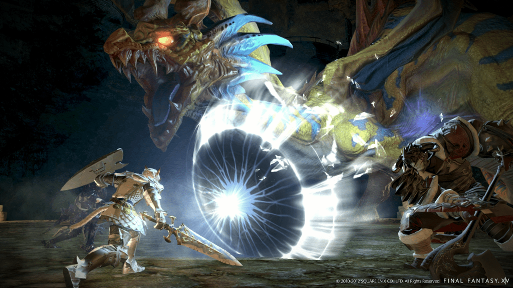 A Paladin, Warrior, and Dragoon work together to take down the dragon Aiatar in Final Fantasy XIV: A Realm Reborn (2013), Square Enix