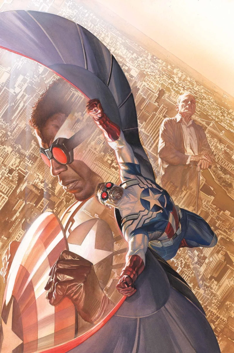 Sam Wilson takes flight as the new Captain America on Alex Ross' variant cover to All-New Captain America Vol. 1 #1 (2014), Marvel Comics