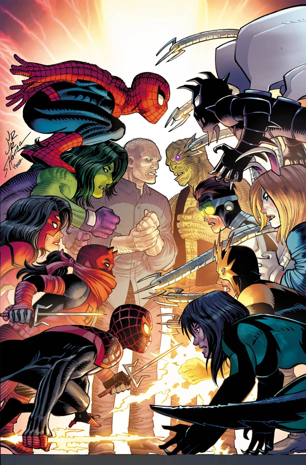 Spider-Man, She-Hulk, Spider-Woman, Daredevil (Elektra), and Miles Morales find themselves unlikely allies to Tombstone on John Romita Jr., Scott Hanna, and Marcio Menyz's cover to Amazing Spider-Man Vol. 6  #43 (2024), Marvel Comics