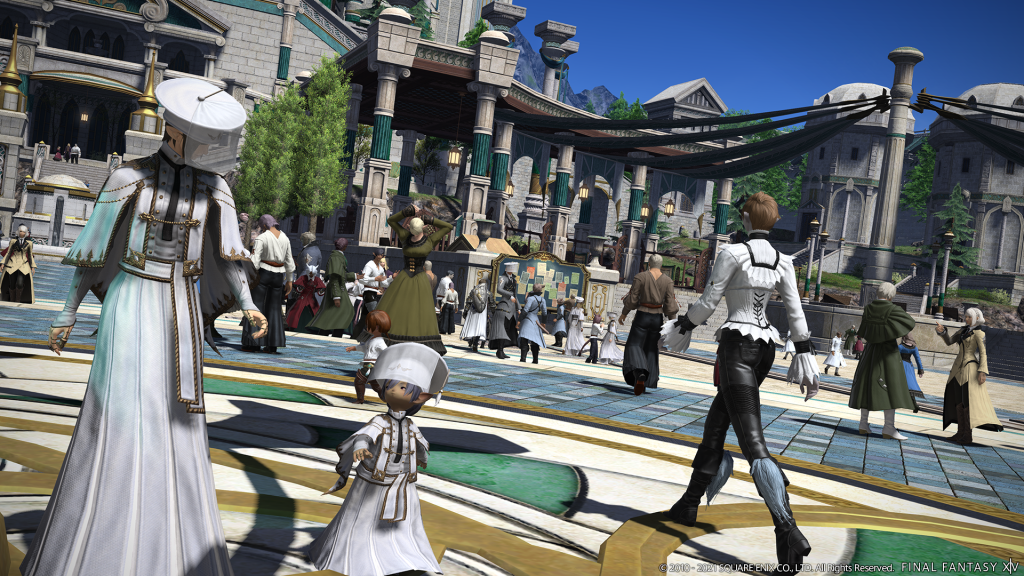 The residents of Old Sharlayan go about their business in Final Fantasy XIV: Endwalker (2021), Square Enix