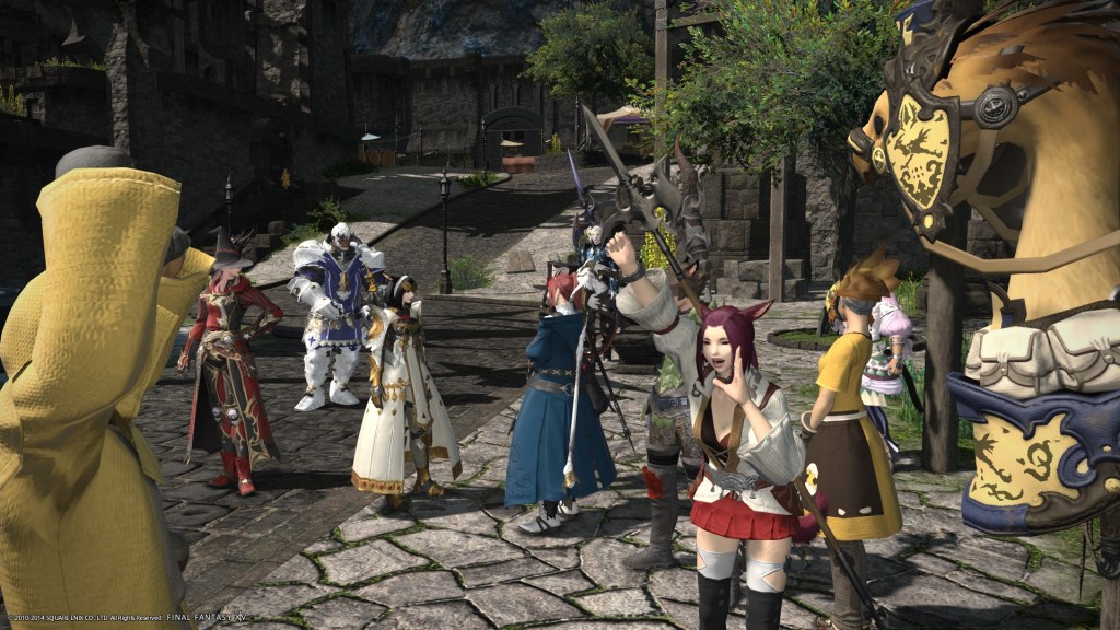 Numerous adventurers hang out in Mor Dhona in Final Fantasy XIV: A Realm Reborn (2013), Square Enix