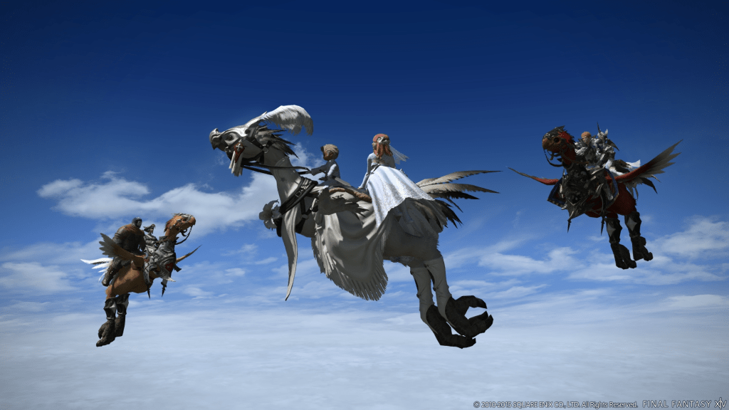 Adventurers ride in pairs on their flying Draught, Ceremony, and Amber Daught Chocobos in Final Fantasy XIV: Heavensward (2015), Square Enix