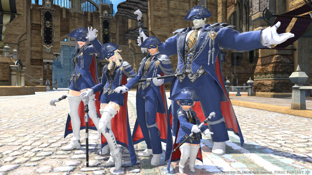 A variety of Blue Mages stand in the streets of Ul'dah in Final Fantasy XIV: Stormblood (2017), Square Enix