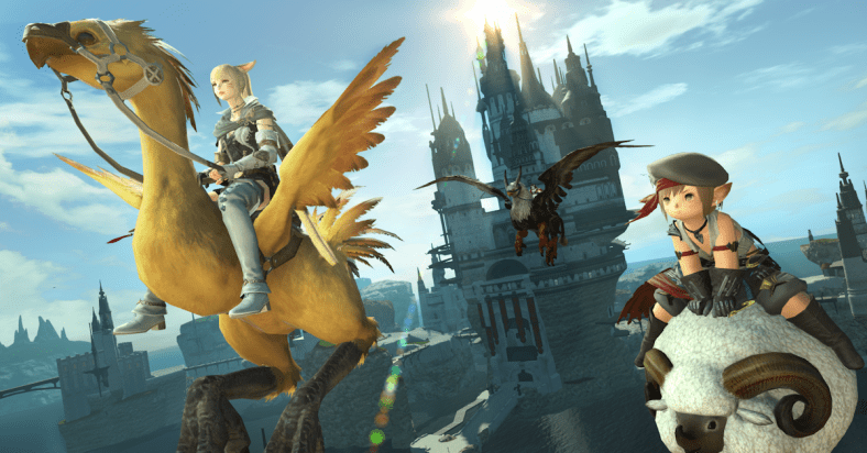 Three adventurers fly around Limsa Lominsa on their mounts in Final Fantasy XIV: Shadowbringers (2019), Square Enix