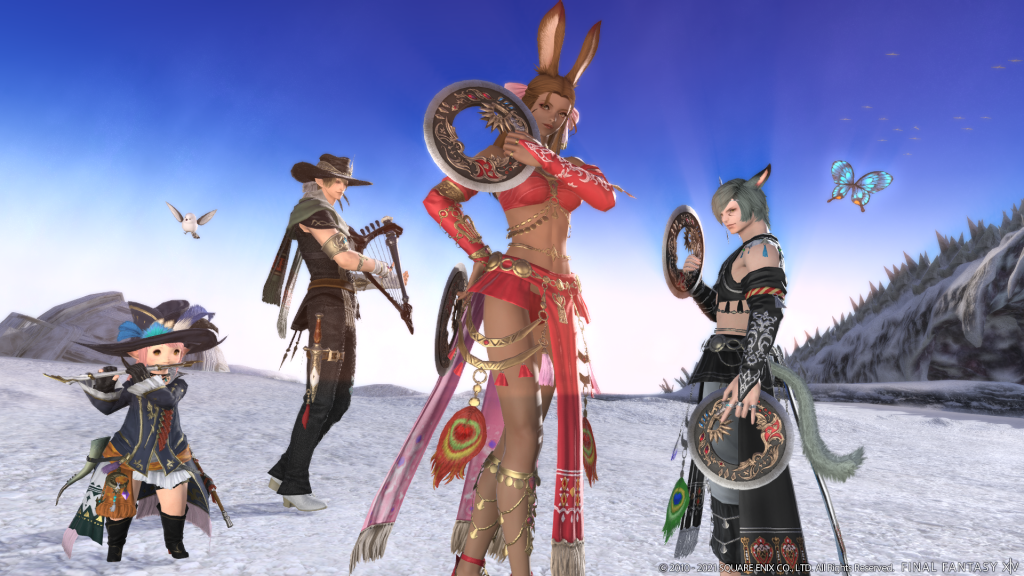 Two Dancers stand alongside two performing Bards in Final Fantasy XIV: Shadowbringers (2019), Square Enix