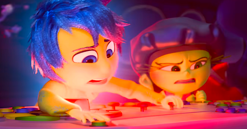 Joy (Amy Poehler) and Disgust (Liza Lapira) frantically deal with a simple question in Inside Out 2, (2024), Disney