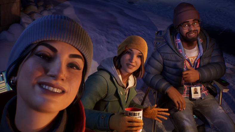 Maxine Caulfield (Hannah Telle), Safiya Llewellyn-Fayyad (Olivia AbiAssi), and Moses Murphy (Blu Allen) take a snowy selfie in Life is Strange: Double Exposure (2024), Square Enix