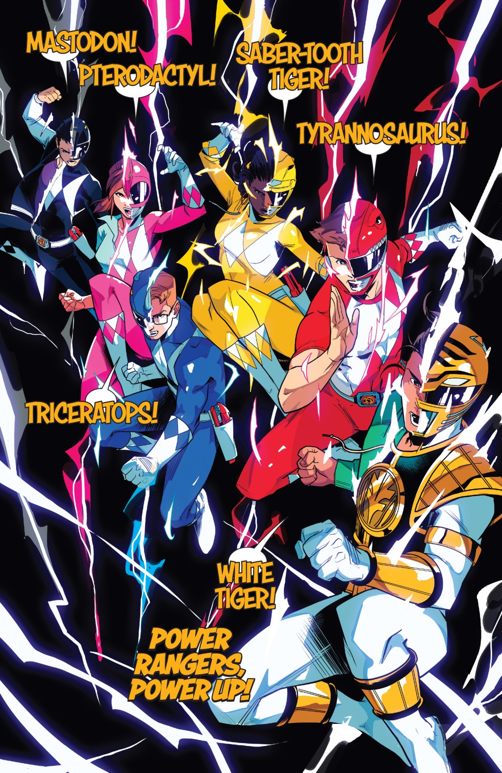 The titular team taps into the Morphin' Grid in Mighty Morphin Power Rangers Vol. 2 #1 (2020), BOOM! Studios. Words by Ryan Parrott, art by Marco Renna, Walter Baiamonte, Katia Ranalli, and Ed Dukeshire.