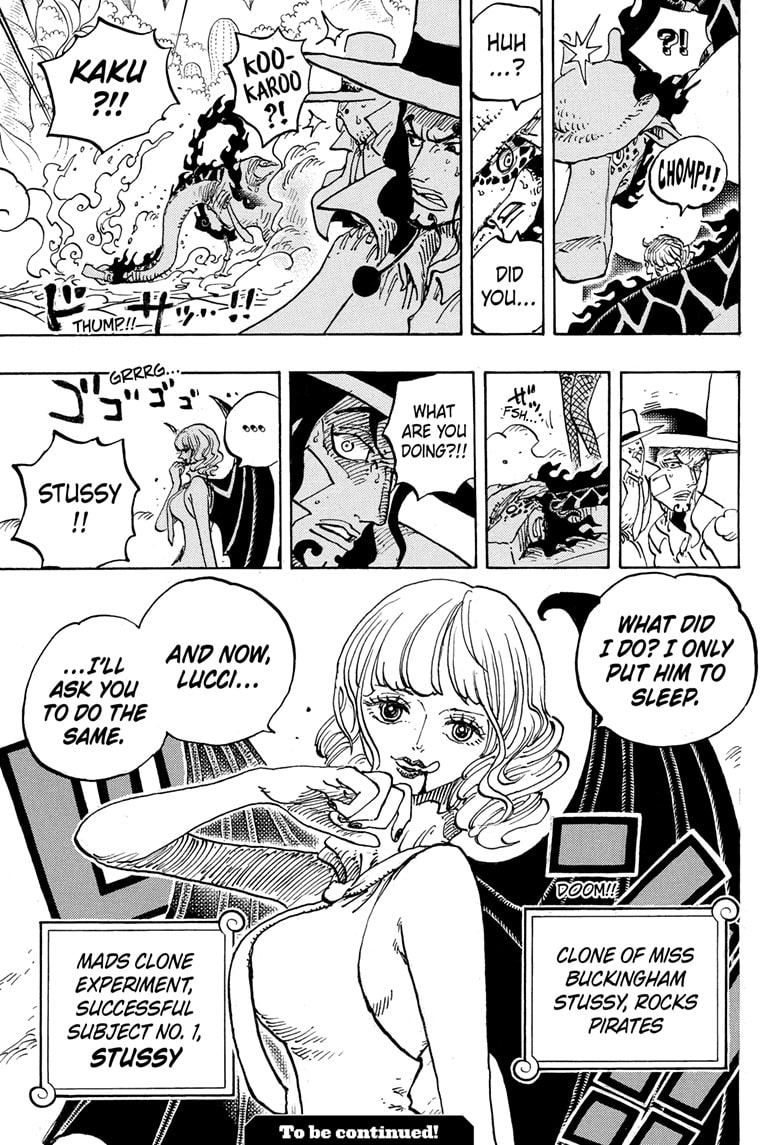 Stussy reveals her true self in One Piece Chapter 1072 "The Weight of Memory" (2023), Shueisha. Words and art by Eiichiro Oda.