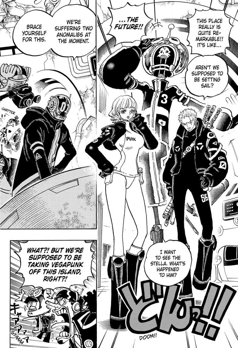 Stussy, Zoro, and Brook get a fresh change of clothes in One Piece Chapter 1074 "Mark III" (2023), Shueisha. Words and art by Eiichiro Oda.