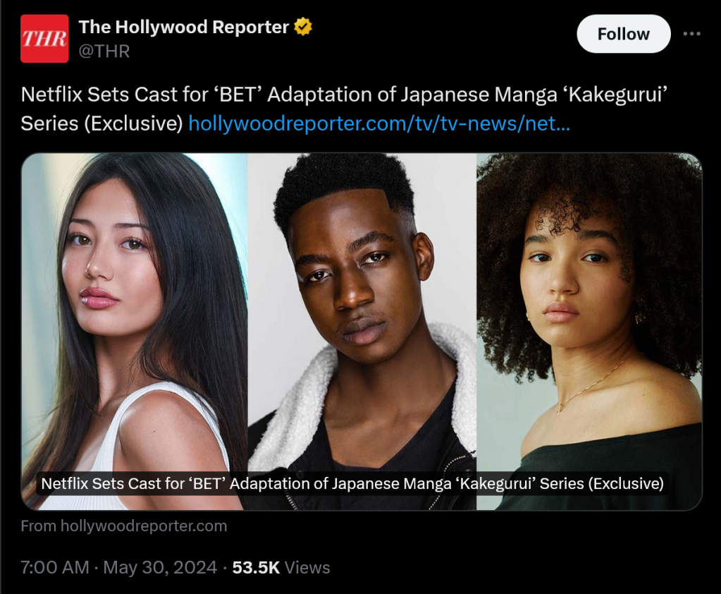 The Hollywood Reporter reveals Netflix's live-action 'Kakegurui' adaptation, 'Bet'.