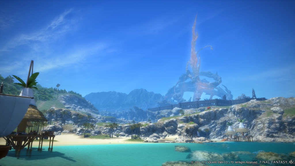 The sights of Eastern La Noscea- Costa Del Sol, Castrum Occidens, and a crystallized fragment of Dalamud in Final Fantasy XIV: A Realm Reborn (2013), Square Enix