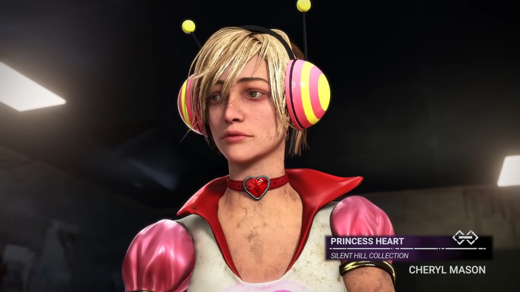 Cheryl Mason (TBA) tries on the Princess Heart outfit in The Unknown (Zoey Alexandria) stares on in its Greenville Cheer costume in Dead by Daylight (2016), Behaviour Interactive
