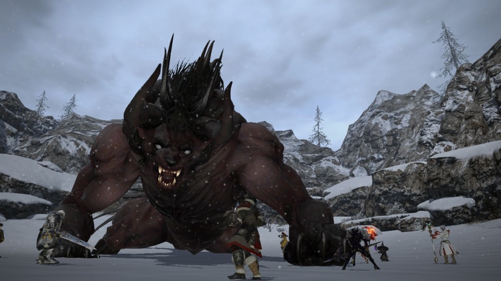 A group of adventurers face-down a Behemoth in Final Fantasy XIV: A Realm Reborn (2013), Square Enix
