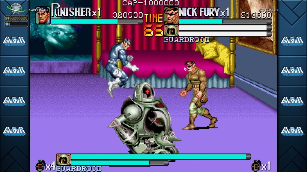 Frank Castle and Nick Fury take on a Guardroid in The Punisher (1993), Capcom