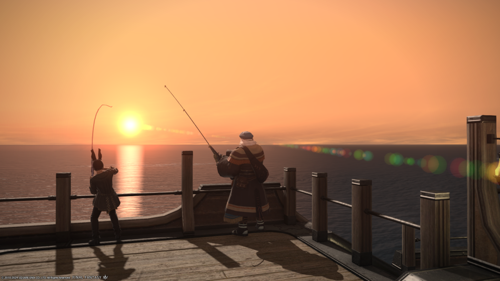 A Viera and Roegadyn enjoy Ocean Fishing in Final Fantasy XIV: Endwalker (2021), Square Enix