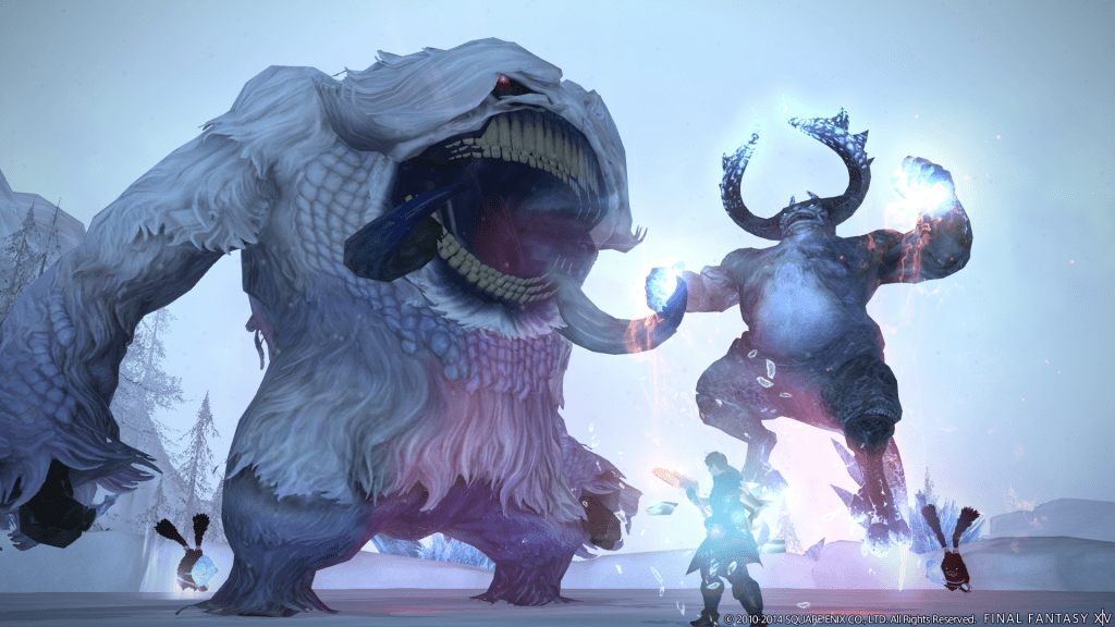 A Warrior is beset by a Yeti, Hrimthurs, and Spriggan Tumblers in Final Fantasy XIV: A Realm Reborn (2013), Square Enix
