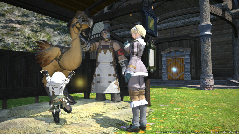 A trio of adventurers care for a Chocobo in Final Fantasy XIV: A Realm Reborn (2013), Square Enix