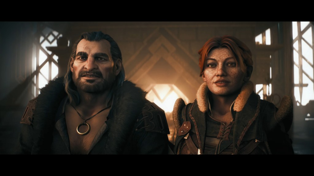 Varric (TBA) and Harding (TBA) lay eyes upon their new party leader in Dragon Age: The Veilguard (2024), BioWare
