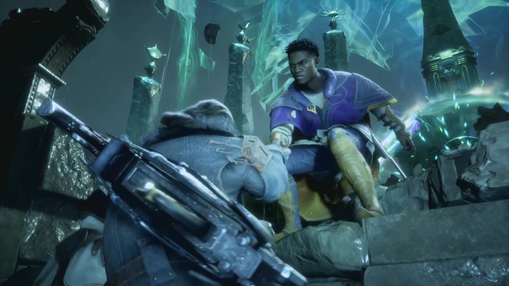 Davrin (TBA) helps Varric (TBA) in the climb to reach Solas (TBA) in Dragon Age: The Veilguard (2024), BioWare