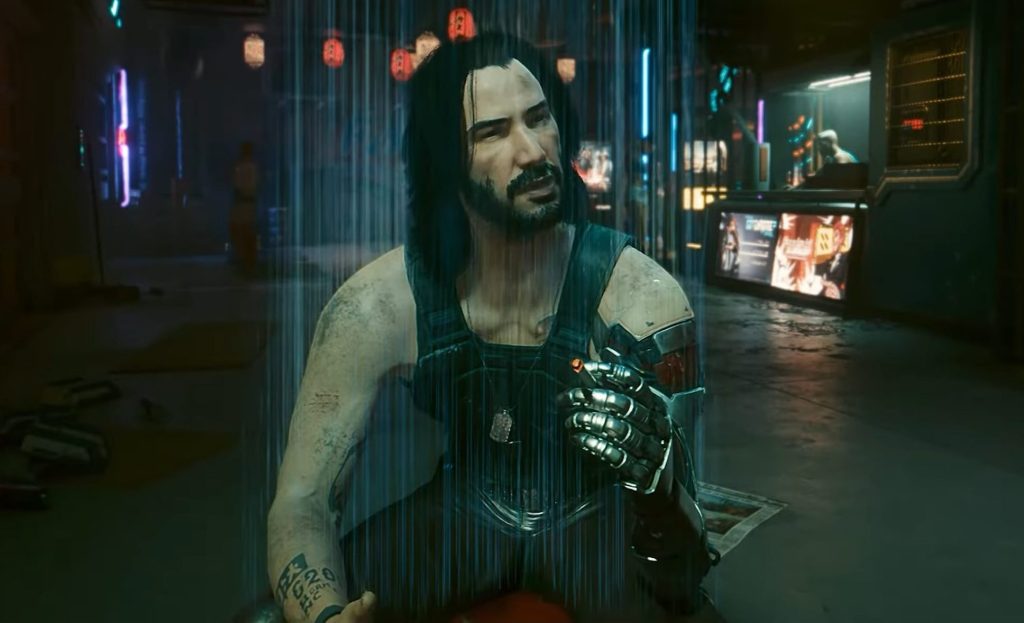 Johnny (Keanu Reeves) takes a drag of his cigarette in Cyberpunk 2077 (2020), CD Projekt Red