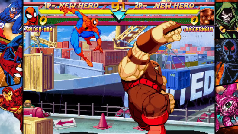 Spider-Man (Patrick Chilvers) takes on Juggernaut (Rick Bennett) in Marvel Super Heroes (1995), Capcom