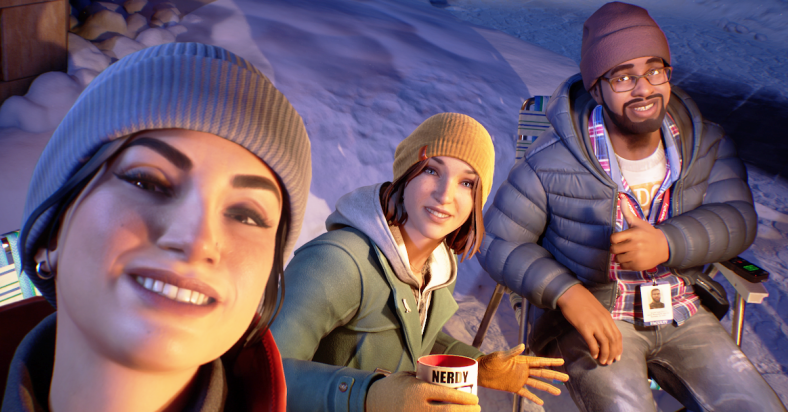 Maxine Caulfield (Hannah Telle), Safiya Llewellyn-Fayyad (Olivia AbiAssi), and Moses Murphy (Blu Allen) take a snowy selfie in Life is Strange: Double Exposure (2024), Square Enix