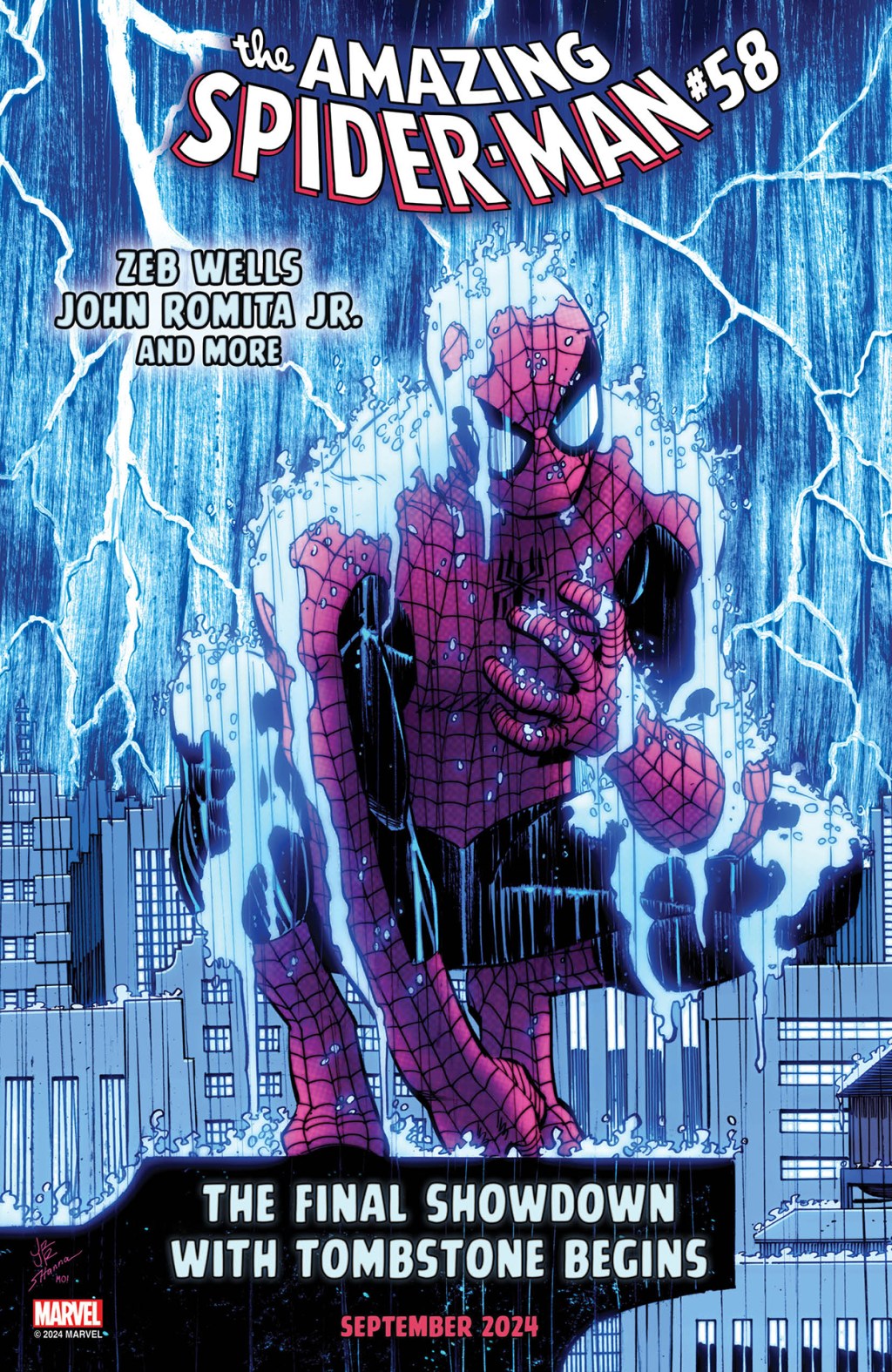 The web-head faces down a brawl with Tombstone on John Romita Jr.'s cover art to Amazing Spider-Man Vol. 6 #58 (2024), Marvel Comics