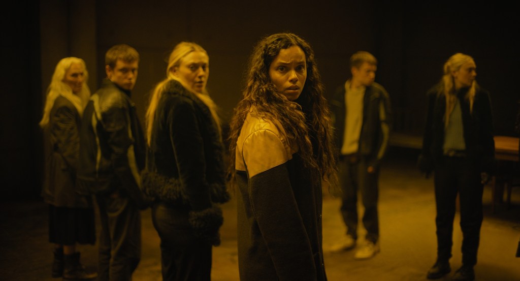 (L-r) OLWEN FOUÉRÉ as Madeline, OLIVER FINNEGAN as Daniel, DAKOTA FANNING as Mina and GEORGINA CAMPBELL as Ciara in New Line Cinema’s and Warner Bros. Pictures’ fantasy thriller “THE WATCHERS,” a Warner Bros. Pictures release.
