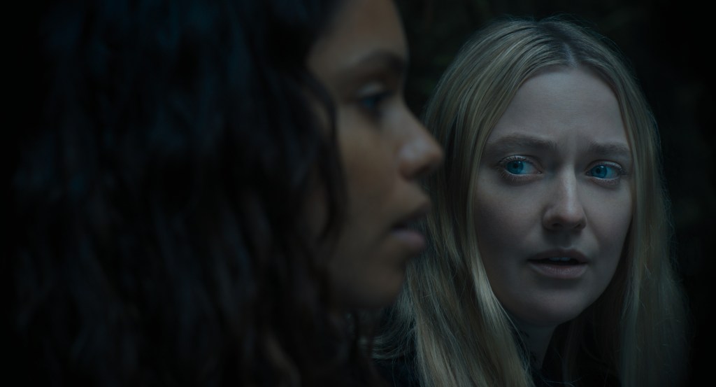 GEORGINA CAMPBELL as Ciara and DAKOTA FANNING as Mina in New Line Cinema’s and Warner Bros. Pictures’ fantasy thriller “THE WATCHERS,” a Warner Bros. Pictures release.