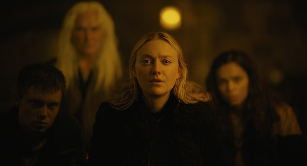 (L-r) OLIVER FINNEGAN as Daniel, OLWEN FOUÉRÉ as Madeline, DAKOTA FANNING as Mina and GEORGINA CAMPBELL as Ciara in New Line Cinema’s and Warner Bros. Pictures’ fantasy thriller “THE WATCHERS,” a Warner Bros. Pictures release.