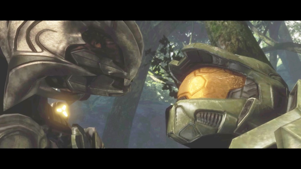 The Arbiter (Keith David) welcomes the safe arrival of the Master Chief (Steve Downes) to Earth in Halo 3 (2007), Bungie