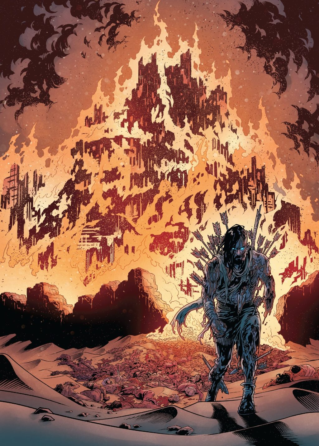 B devastates the city of Olos in BRZRKR: Fallen Empire Vol. 1 #1 (2024), BOOM! Studios. Text by Keanu Reeves and Mattson Tomlin, art by Rebekah Isaacs, Dee Cunniffe and Becca Carey.
