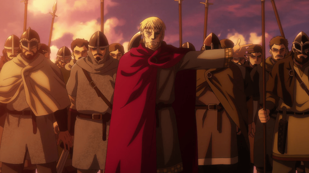 King Canute (Yuo Uemura) orders his troops to hold in Vinland Saga Season 2 Episode 22 "Emperor of Rebellion" (2023), Wit Studio