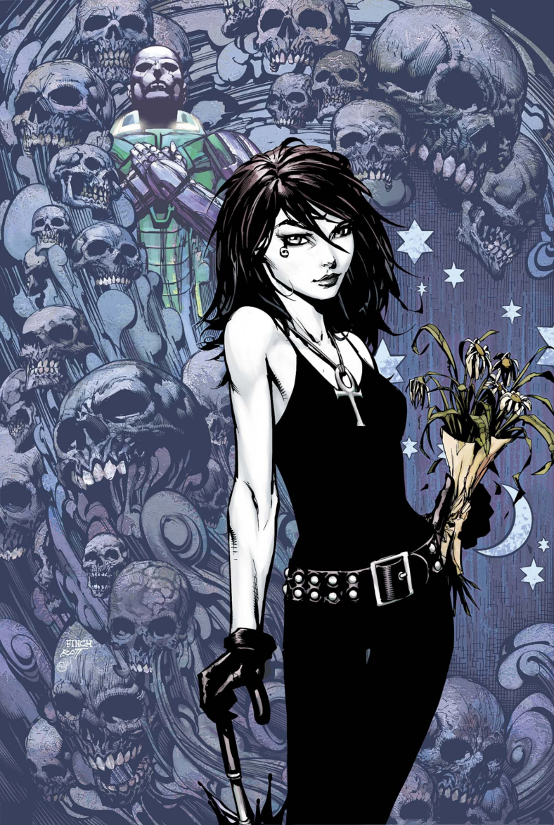 Neil Gaiman's 'Death' holds a bouquet of dead flowers atop a chilling background full of skulls on David Finch, Matt Banning, and Peter Steigerwald's cover to Action Comics Vol. 1 #894 "The Black Ring, Part Five" (2010), DC