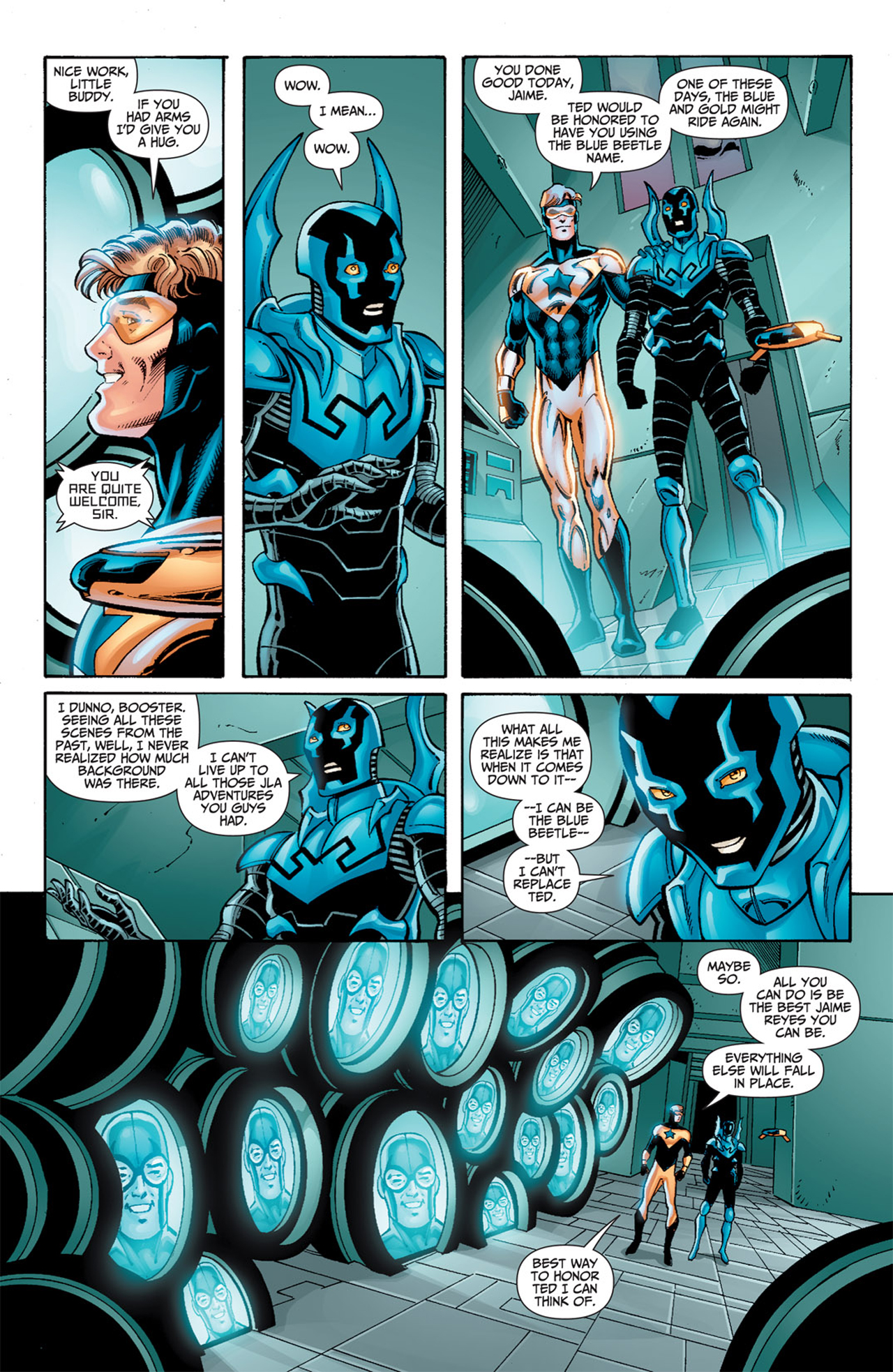 Booster Gold tells Jamie Reyes that Ted Kord would be proud of him in Booster Gold Vol. 2 #27 "Dead Ted, Part 2" (2010), DC. Words by Dan Jurgens, art by Dan Jurgens, Norm Rapmund, Mike Norton, Hi-Fi Design, and Jared K. Fletcher