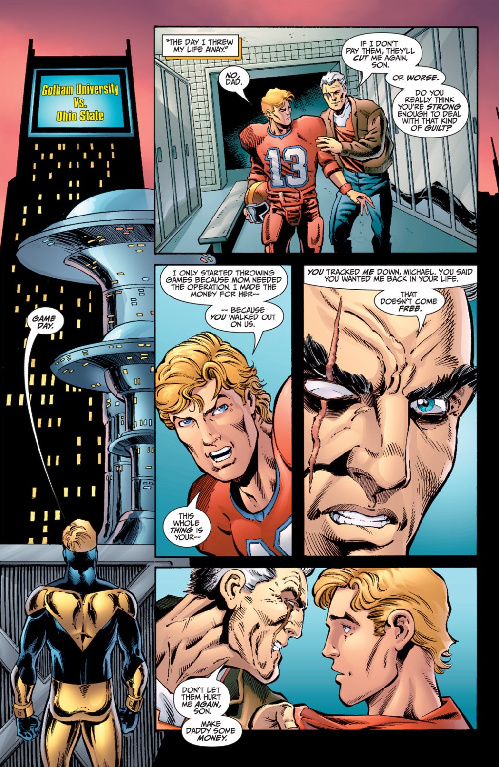 Booster Gold relives the day his life imploded in Booster Gold Vol. 2 #0 "Blue & Gold, Chapter 1: The Secret Origin of Booster Gold!" (2008), DC. Words by Geoff John and Jeff Katz, art by Dan Jurgens, Norm Rapmund, Hi-Fi Design, and Randy Gentile.