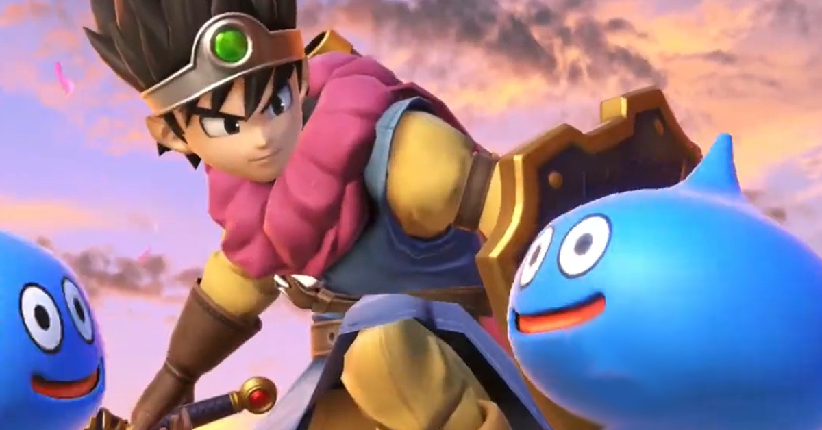 The Hero (Nobuyuki Hiyama) celebrates a win with a friendly Slime in Super Smash Bros. Ultimate (2018), Nintendo