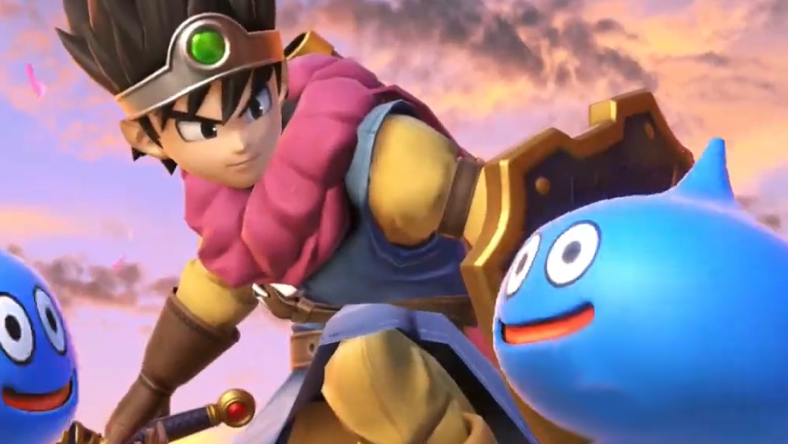 The Hero (Nobuyuki Hiyama) celebrates a win with a friendly Slime in Super Smash Bros. Ultimate (2018), Nintendo