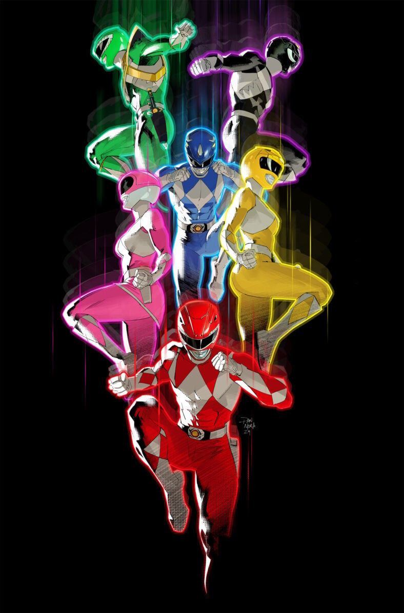 The titular team suits up one final time on Dan Mora's cover to Mighty Morphin' Power Rangers: Darkest Hour Vol. 1 #1 (2024), BOOM! Studios