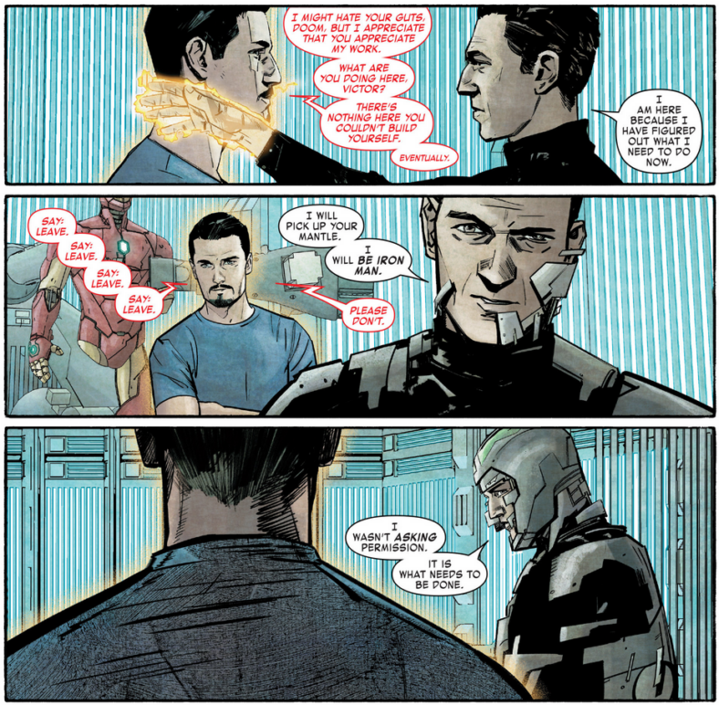 Victor von Doom takes it upon himself to continue Tony Stark's legacy in Infamous Iron Man Vol. 1 #1 (2017), Marvel Comics. Words by Brian Michael Bendis, art by Alex Maleev, Matt Hollingsworth, and Clayton Cowles.