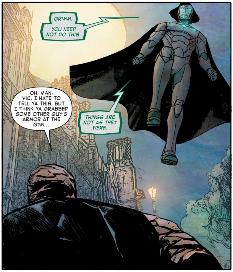 Victor von Doom has words with The Thing in Iron Man Vol. 1 #3 (2017), Marvel Comics. Words by Brian Michael Bendis, art by Alex Maleev, Matt Hollingsworth, and Clayton Cowles.