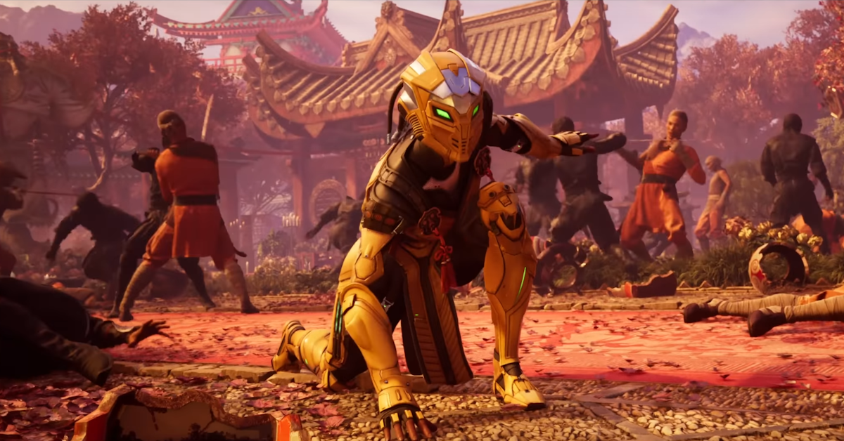 Cyrax (Enuka Okuma) performs a super-hero landing in Mortal Kombat 1 (2023), Warner Bros. Games