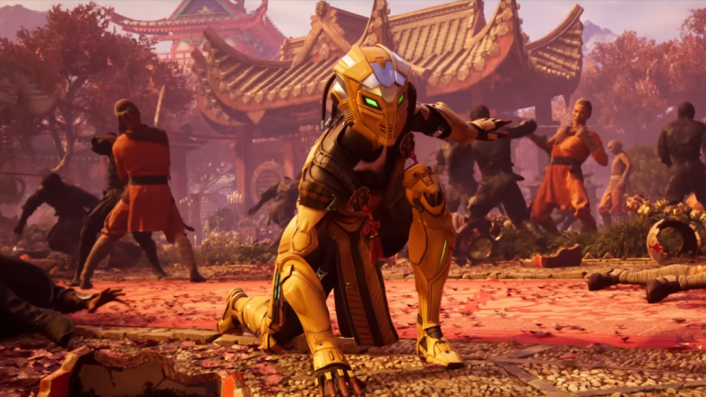 Cyrax (Enuka Okuma) performs a super-hero landing in Mortal Kombat 1 (2023), Warner Bros. Games