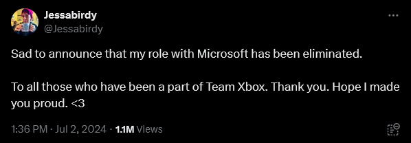 Microsoft Gaming Learning Lead Jessie Thomas announces her position has been eliminated.